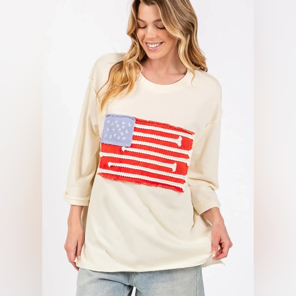 Sage & Fig USA Flag Patch Half Sleeve Top Cream 2X 3X